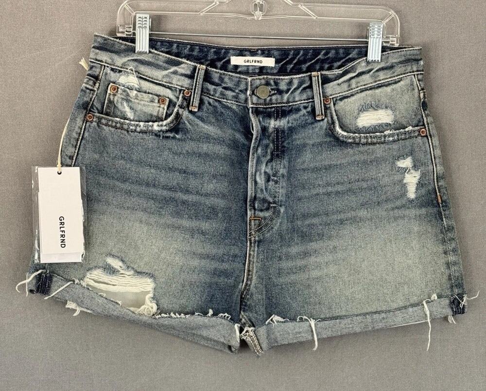 GRLFRND Kerry Denim Shorts Size 30 NWT High Rise Distressed Cuffed Blue